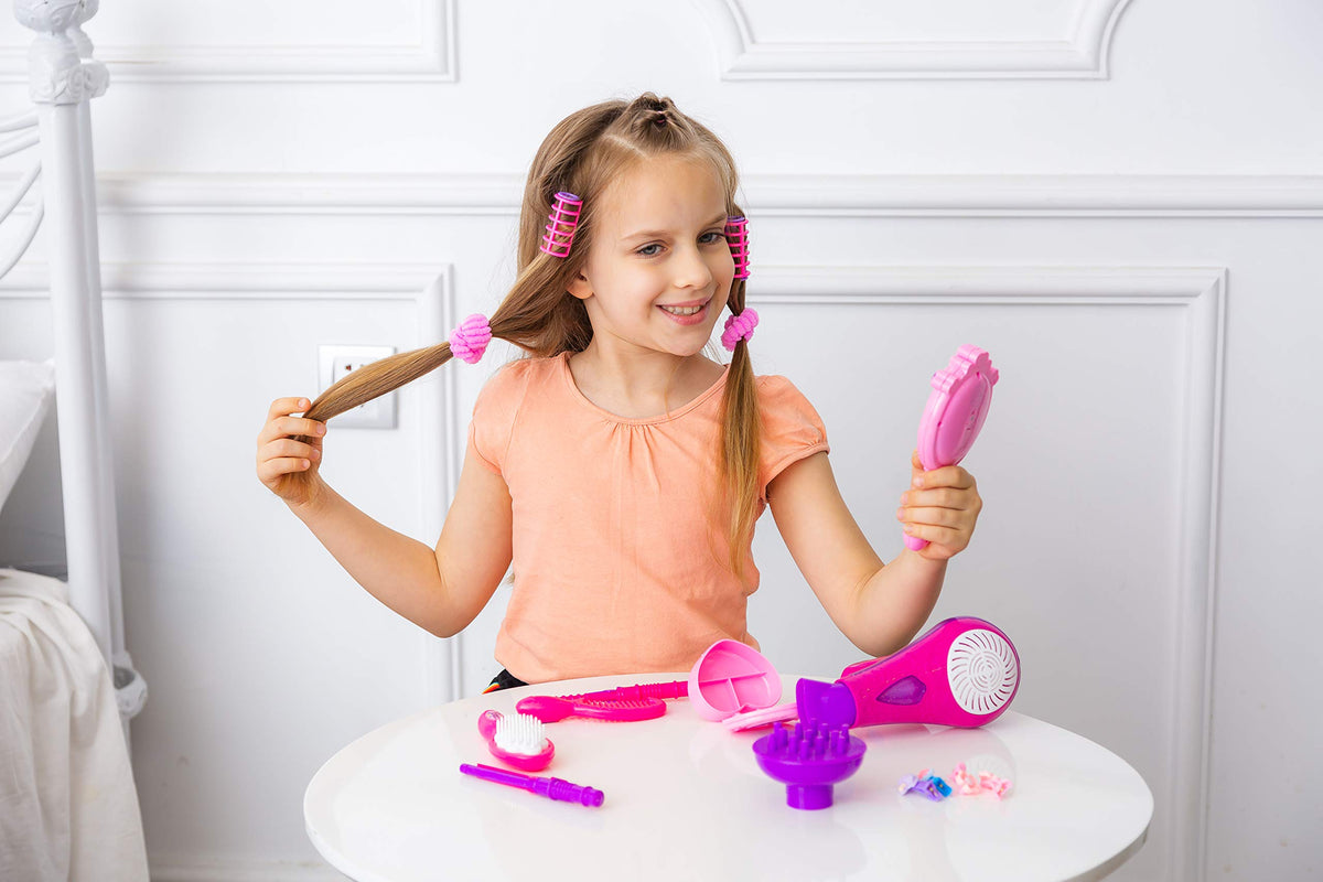 17Pcs Beauty Salon, Pretend Play Doll Hair Stylist Toy Kit