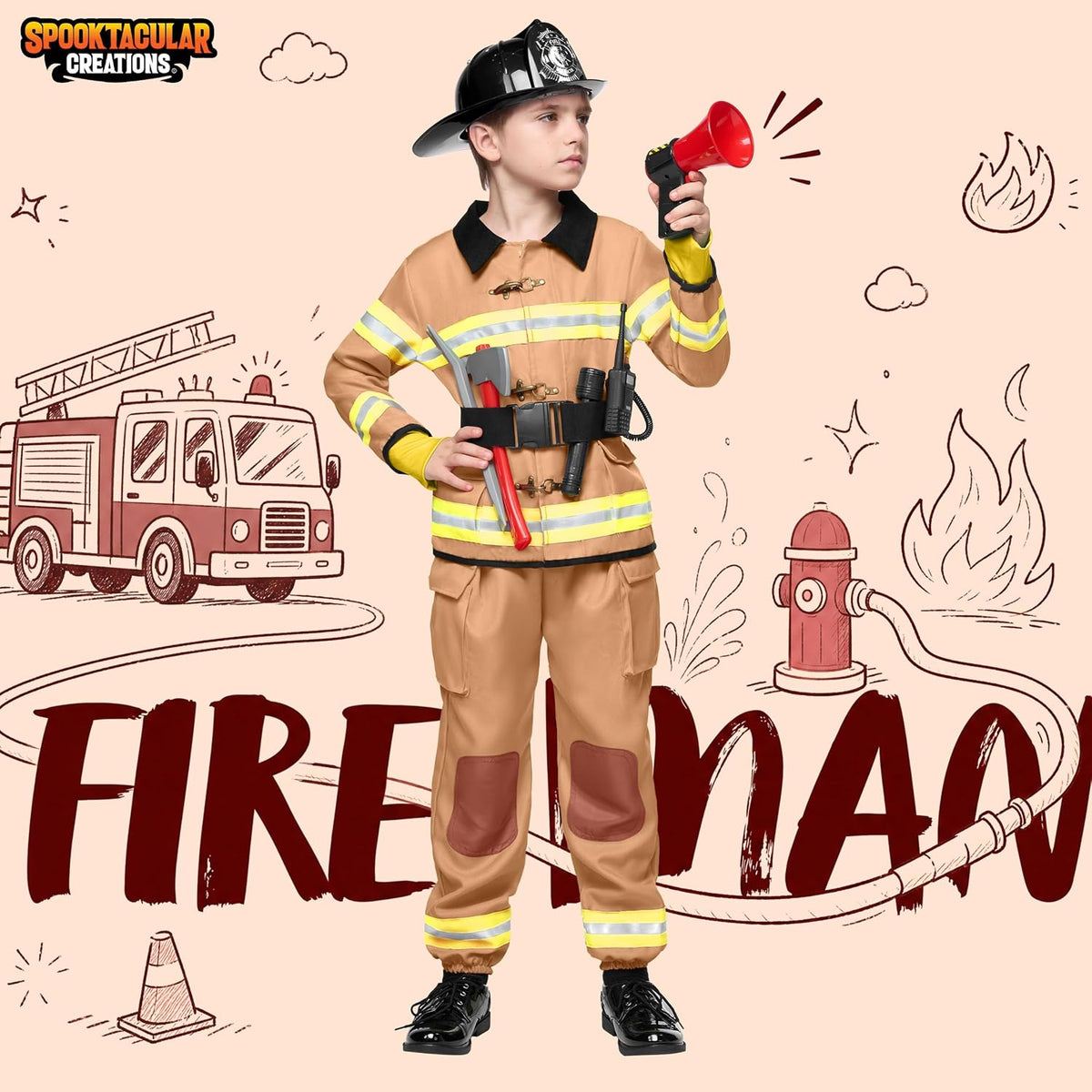 Spooktacular Creations Kids Firefighter Costume with Toy Accessories, 3T