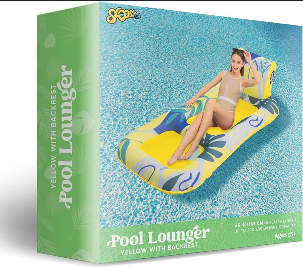 Pool lounger yellow tropical design w / backrest 65” 200 lbs capacity