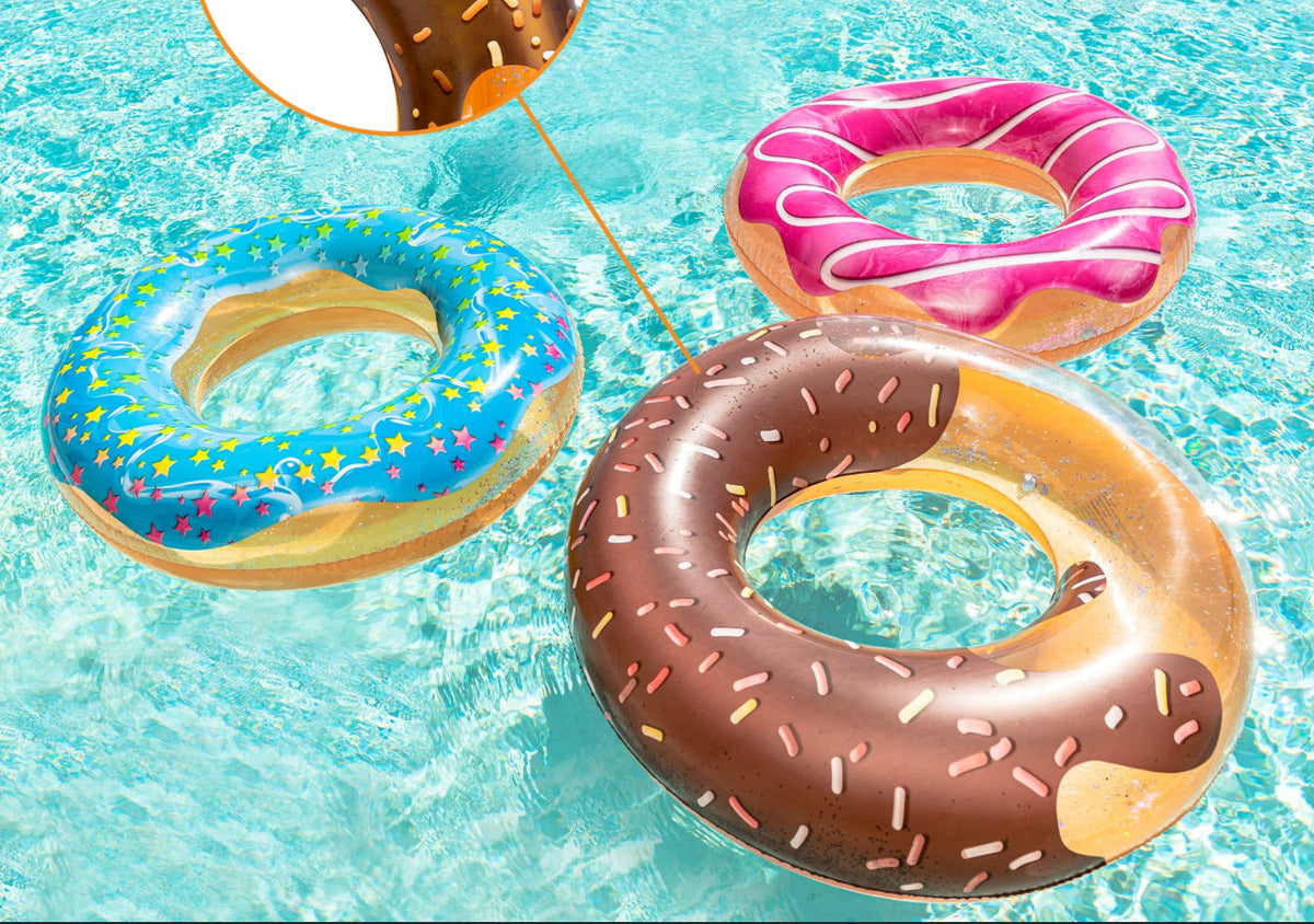 Pool tubes float rings, tropical glitter, donuts or fruit, set of 3 - 32” wide