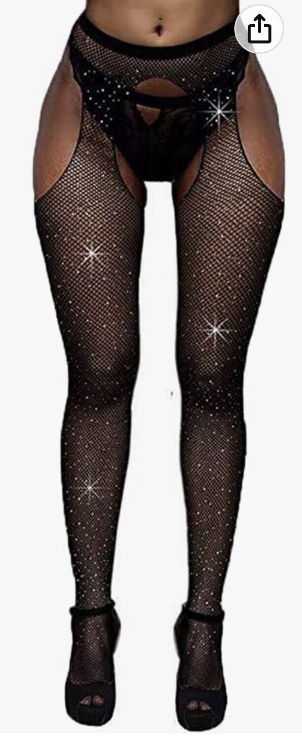 High Waist Sparkle Rhinestone Bling Fishnet Pantyhose, Crotchless. 2 Pair.