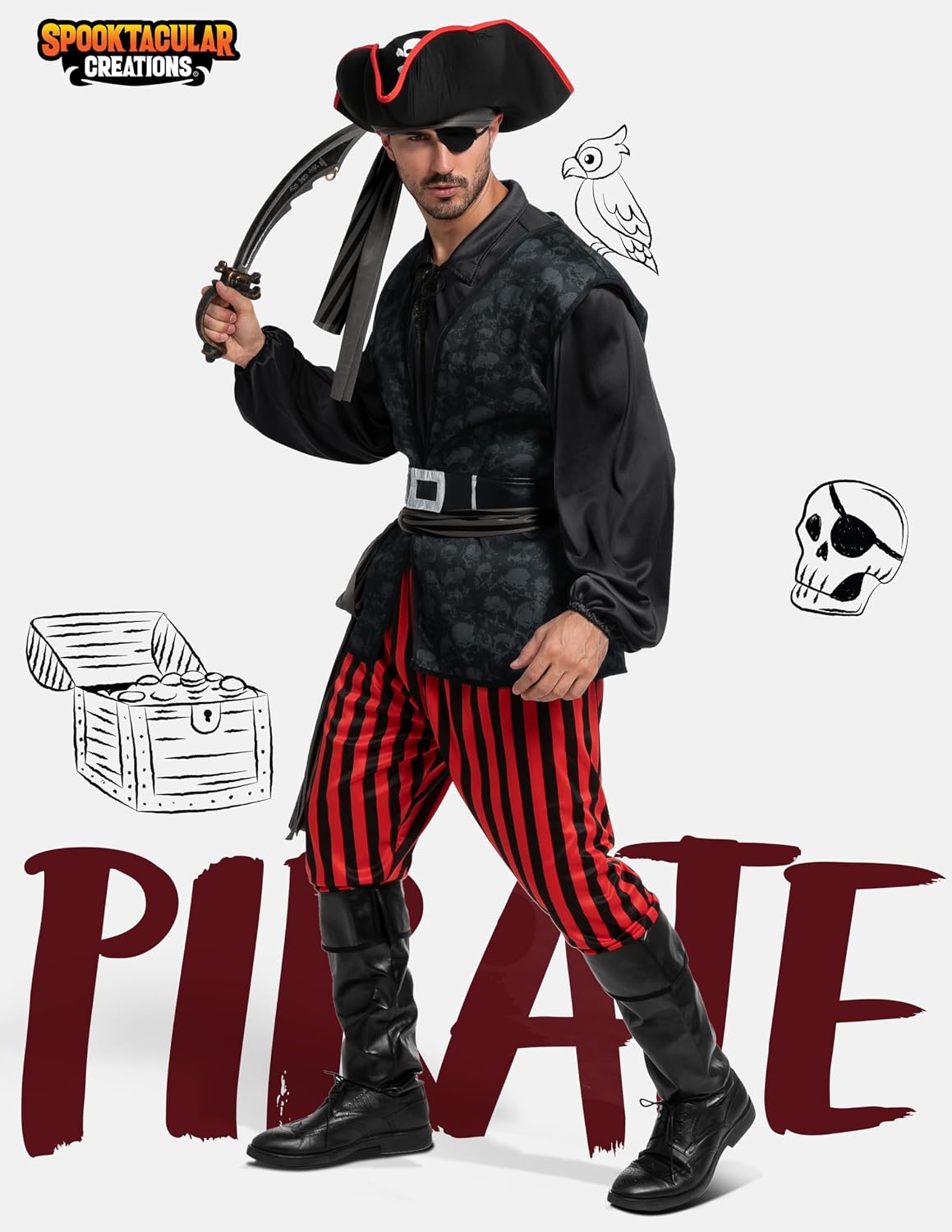 Spooktacular Creations Men's Pirate Costume, Shirt, Vest, Pants & Hat, XL