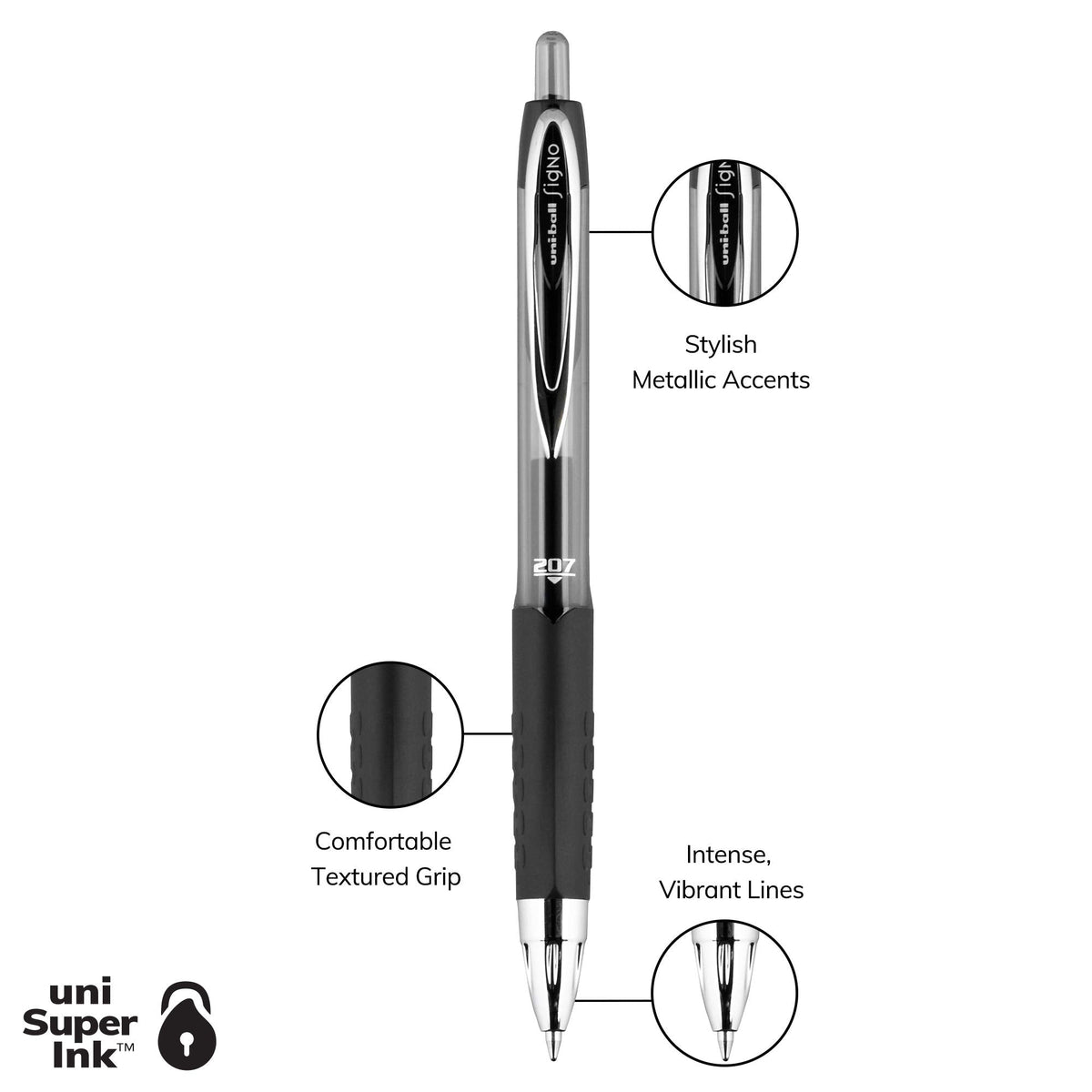 uni-ball 207 Retractable Gel Pens Medium Point, 0.7mm, Black, 2 Count