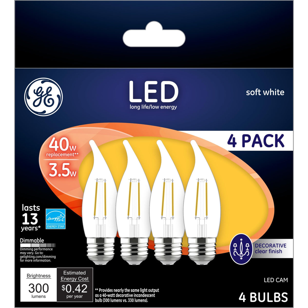 GE LED Light Bulbs, 40 Watt Dimmable, Soft White, Decorative Bulbs, Clear