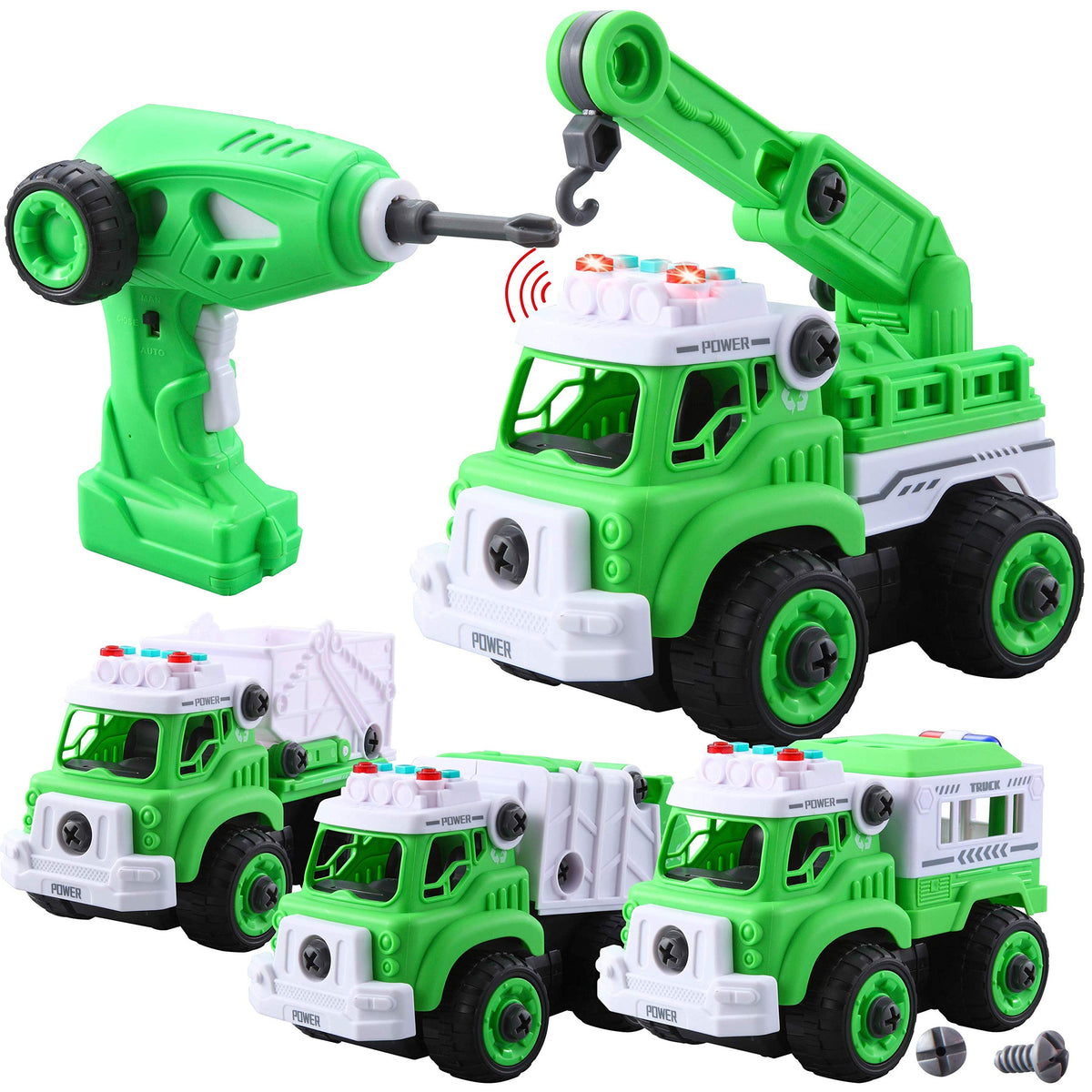 JOYIN 4 in 1 Take Apart Toys with Electric Drill, Remote Control Garbage Truck