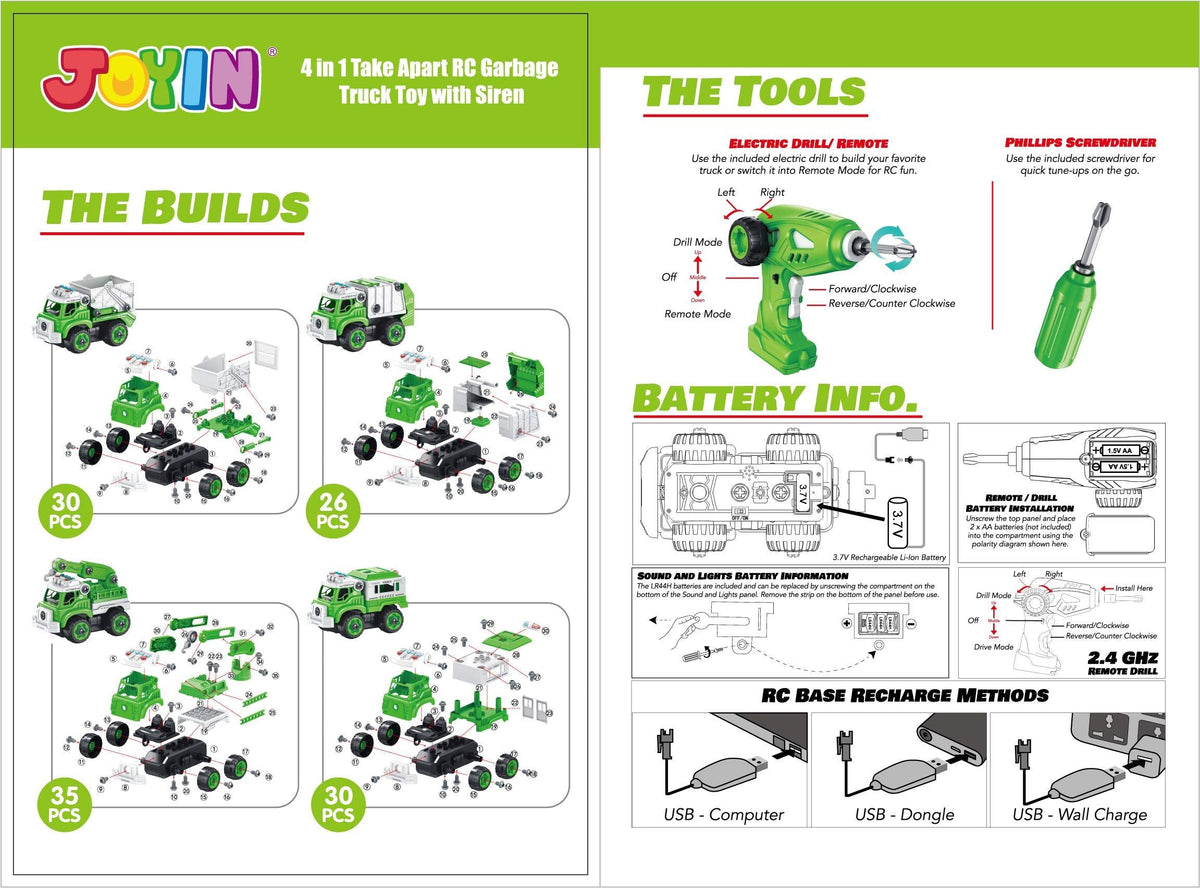 JOYIN 4 in 1 Take Apart Toys with Electric Drill, Remote Control Garbage Truck