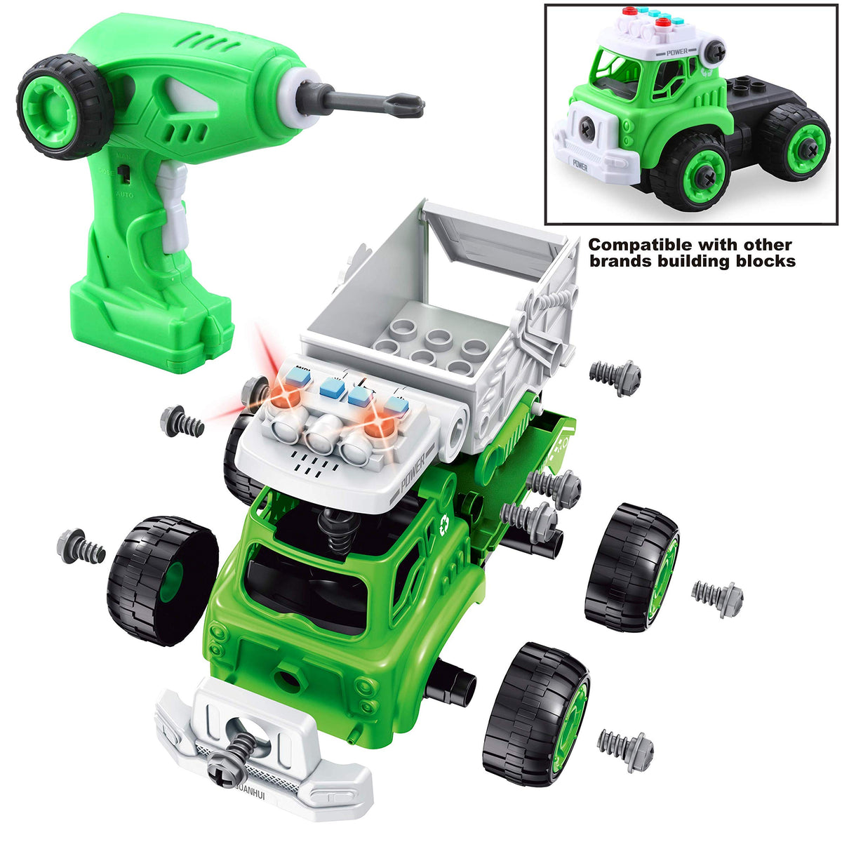 JOYIN 4 in 1 Take Apart Toys with Electric Drill, Remote Control Garbage Truck