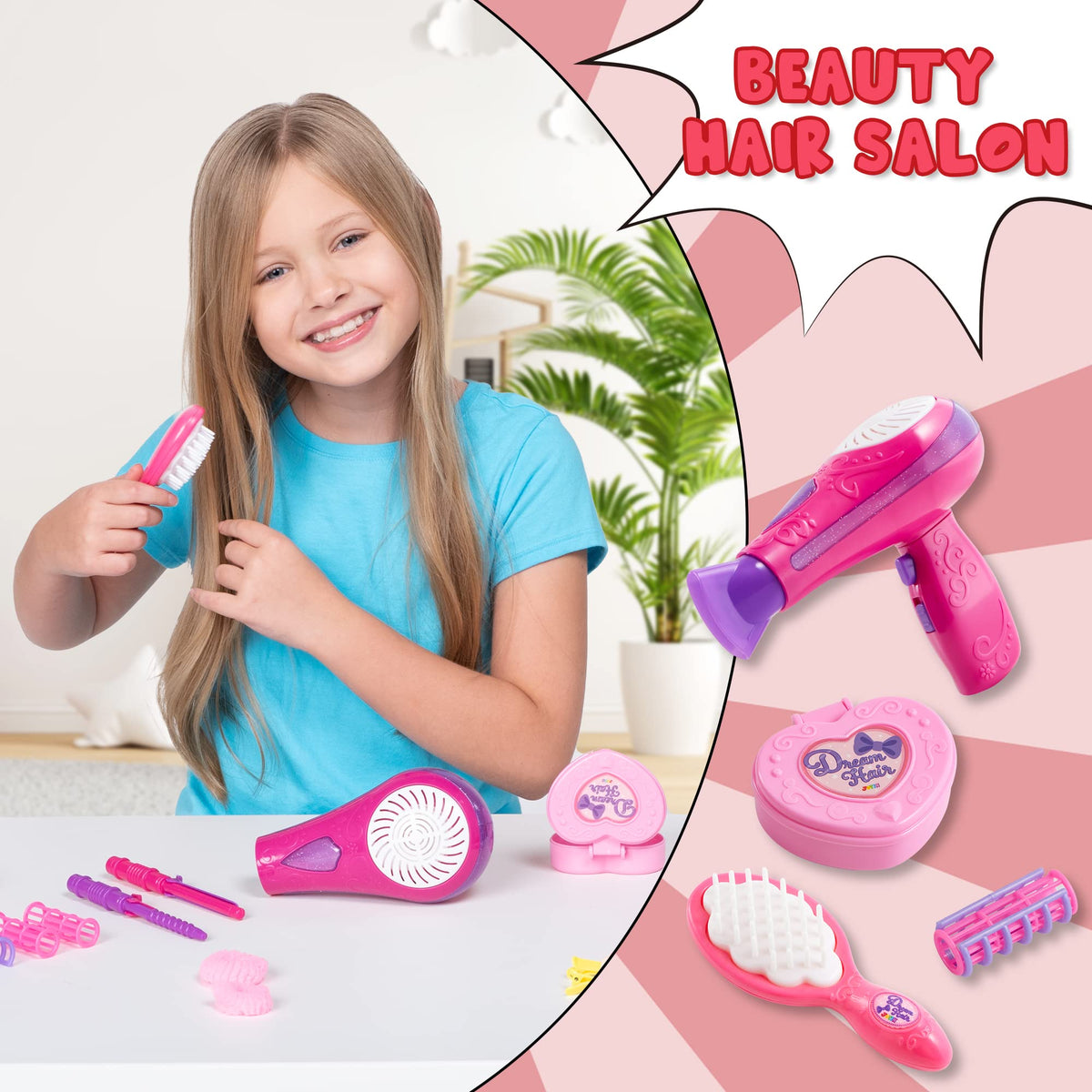 17Pcs Beauty Salon, Pretend Play Doll Hair Stylist Toy Kit