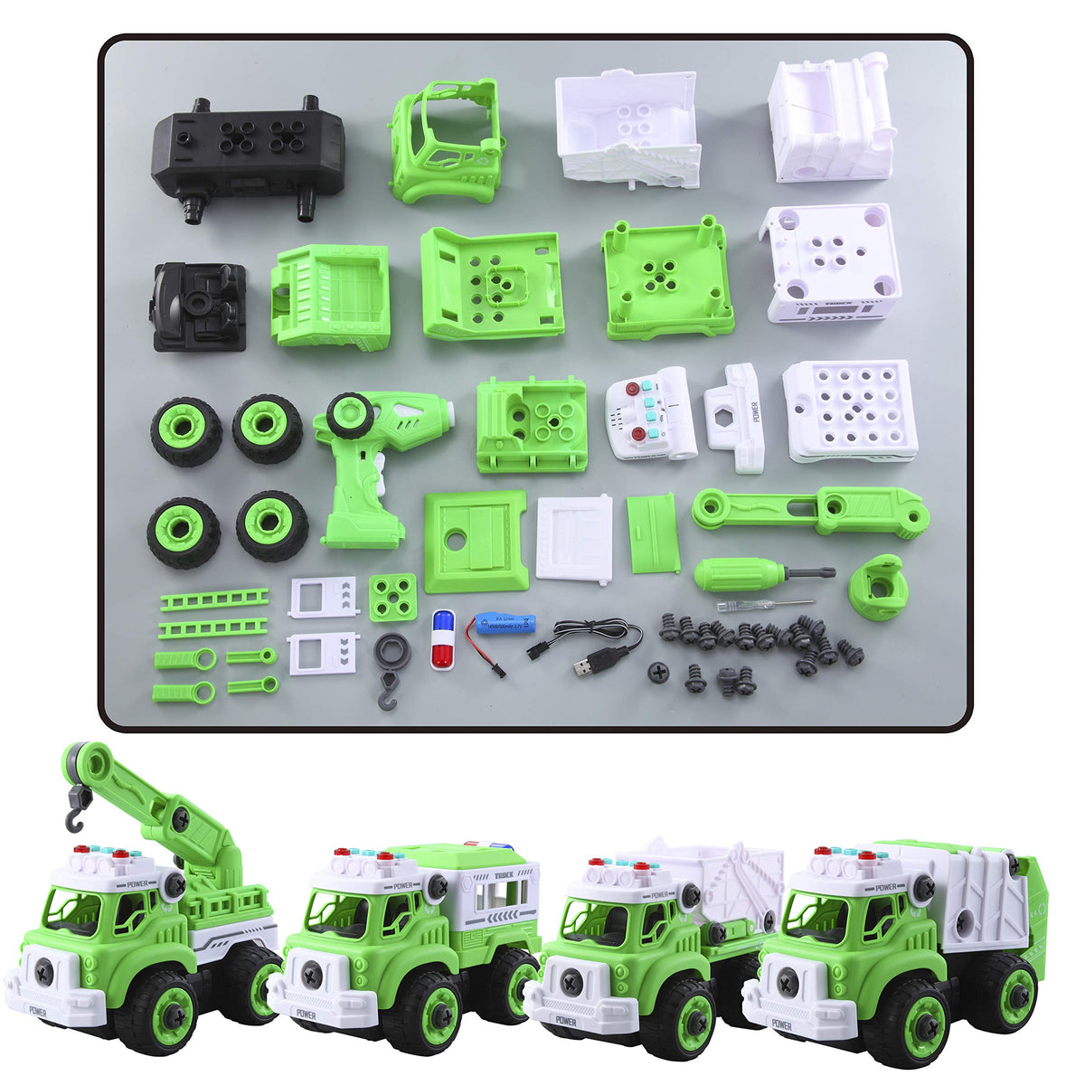 JOYIN 4 in 1 Take Apart Toys with Electric Drill, Remote Control Garbage Truck