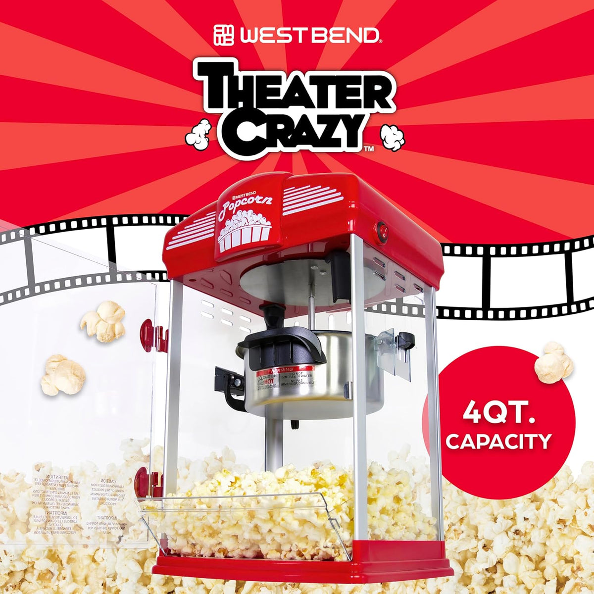 West Bend Stir Crazy Movie Theater Gourmet Popcorn Machine, 4 Qt., Red