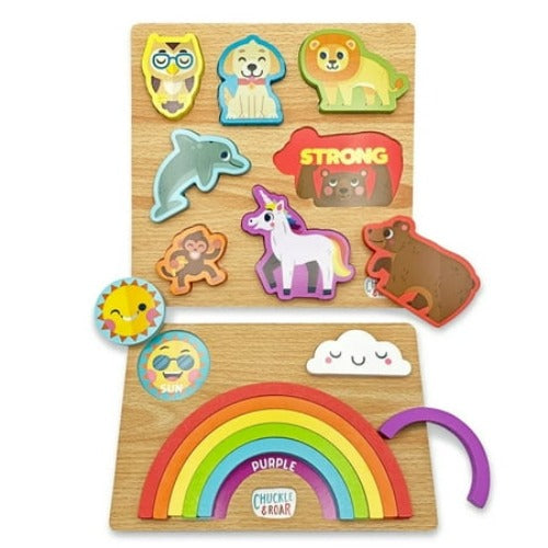 2pk Chuckle & Roar Wood Puzzles Rainbow Animals With Hidden Words Learning