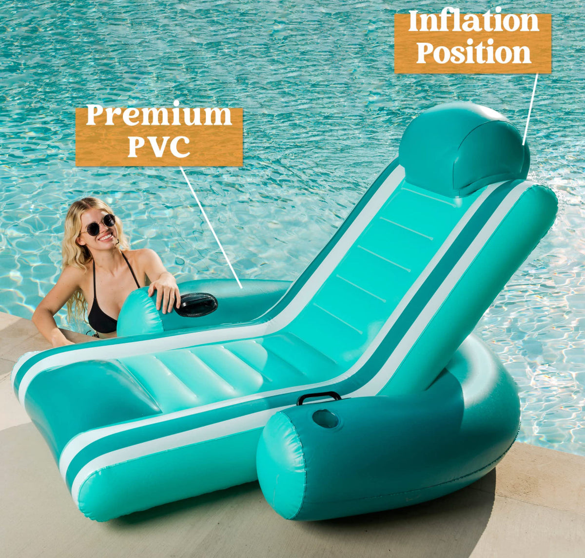 Teal pool lounger inflatable recliner with two cupholders, large