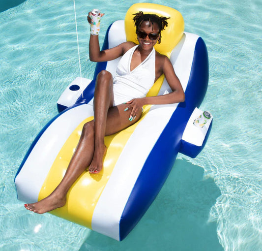 Blue and yellow inflatable pool lounger w / 2 cupholders 4 foot wide