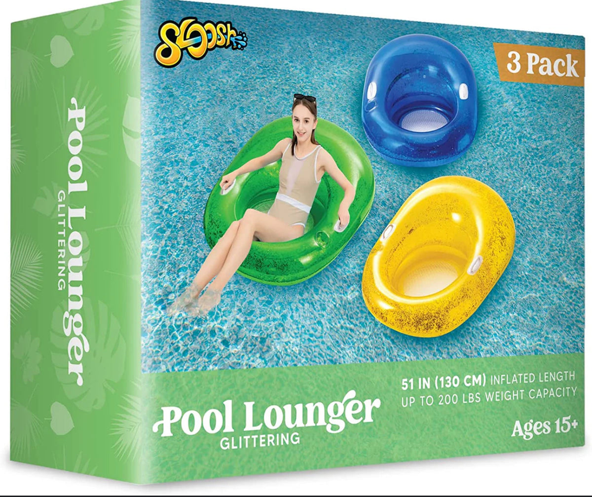 3 Pack Glitter Inflatable Pool Lounger Multicolor 51” 200 Lbs or 40” 250 Lbs