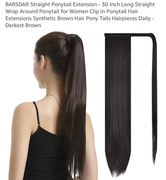 BARSDAR Darkest Brown Straight Ponytail Extension - 30 Inch Long Straight