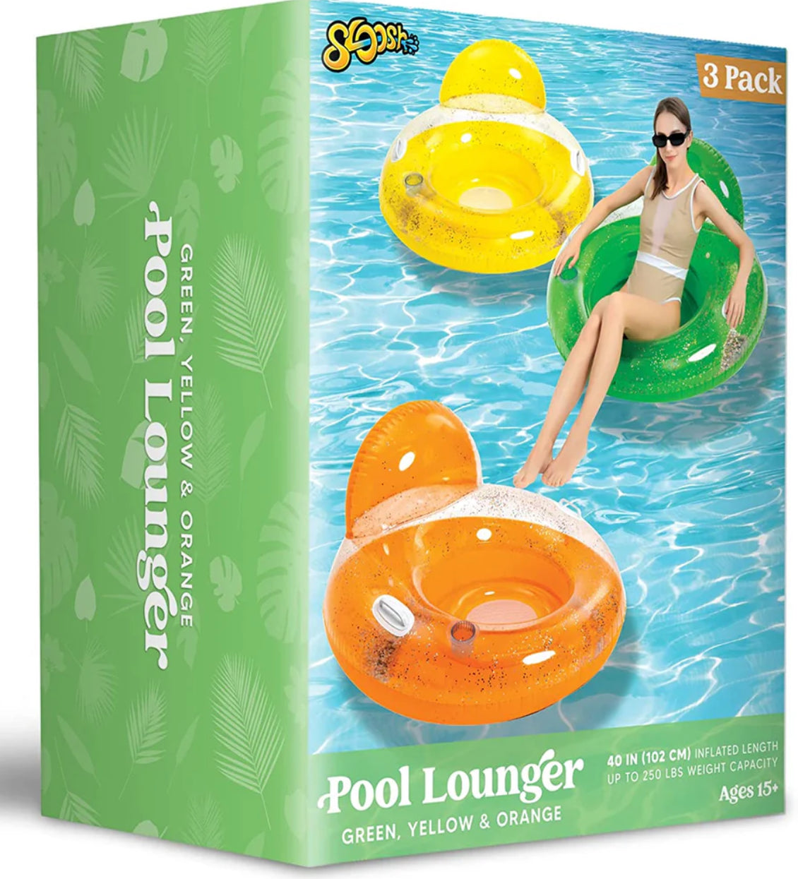 3 Pack Glitter Inflatable Pool Lounger Multicolor 51” 200 Lbs or 40” 250 Lbs