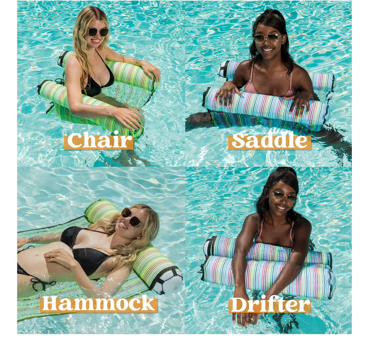 Two pack inflatable hammock, pool, lounger, four in one, mesh, blue and green
