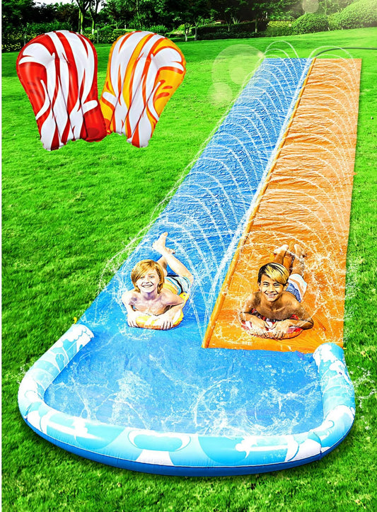 Wave riders 22.5 foot yard waterslide with two bodyboards slip and slide.