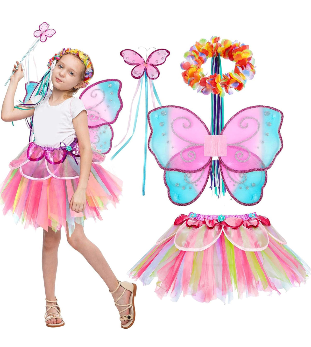 Pink Rainbow Fairy Princess Costume for Girls Dress Up with Tutu Dress