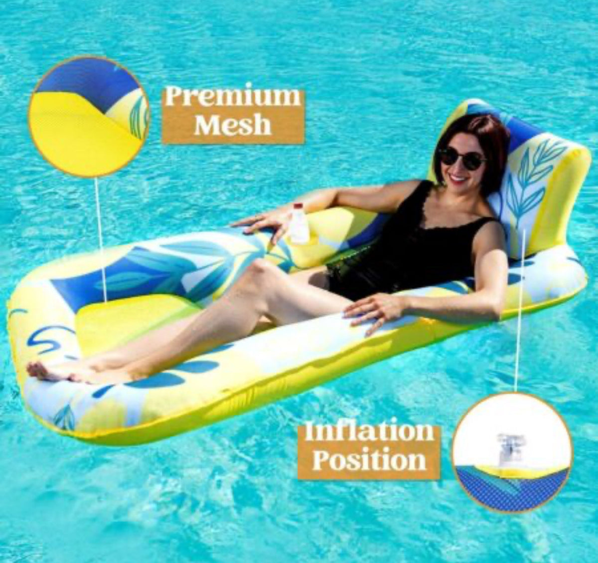 Pool lounger yellow tropical design w / backrest 65” 200 lbs capacity