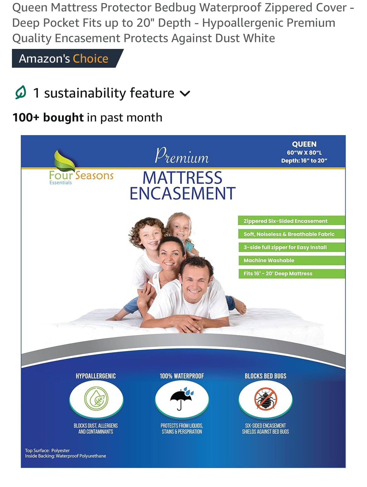 Queen Mattress Protector Bedbug Waterproof Zippered Cover - Deep Pocket Fits