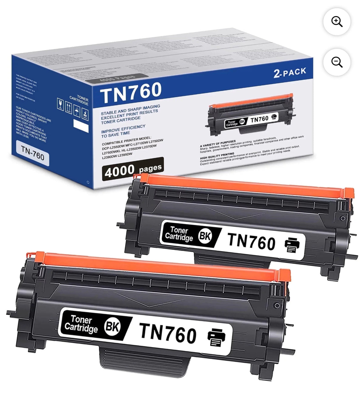 TN760 TN 760 Toner Cartridge Black 2-Pack Replacement for Brother TN760 TN