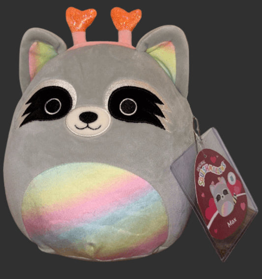 Squishmallow Max Raccoon w / heart headband 8” and Santiago Squirrel w