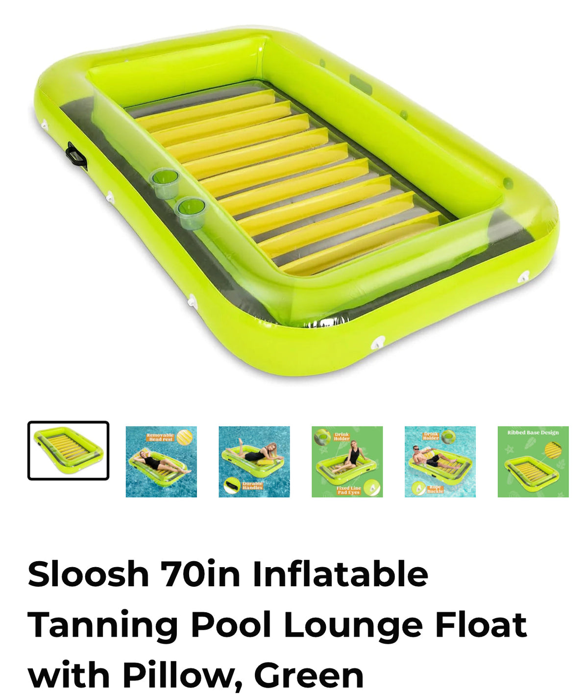Green pool float 70 inches long 440 pound capacity with inflatable pillow