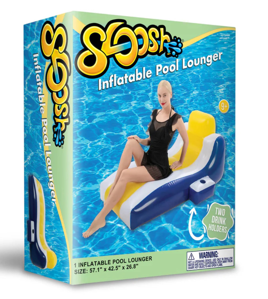 Blue and yellow inflatable pool lounger w / 2 cupholders 4 foot wide