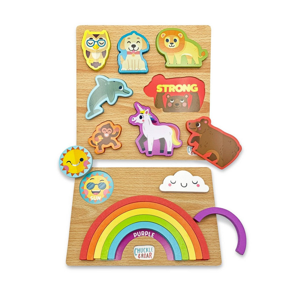 2pk Chuckle & Roar Wood Puzzles Rainbow Animals With Hidden Words Learning