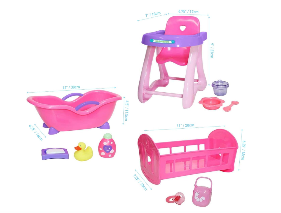 JC Toys Deluxe Doll Accessory Bundle | High Chair, Crib