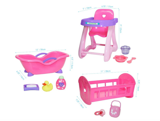 JC Toys Deluxe Doll Accessory Bundle | High Chair, Crib