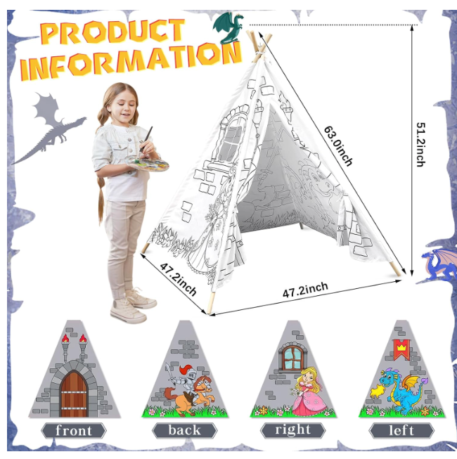 Color Your Own Teepee Tent Playhouse - 63" Inch