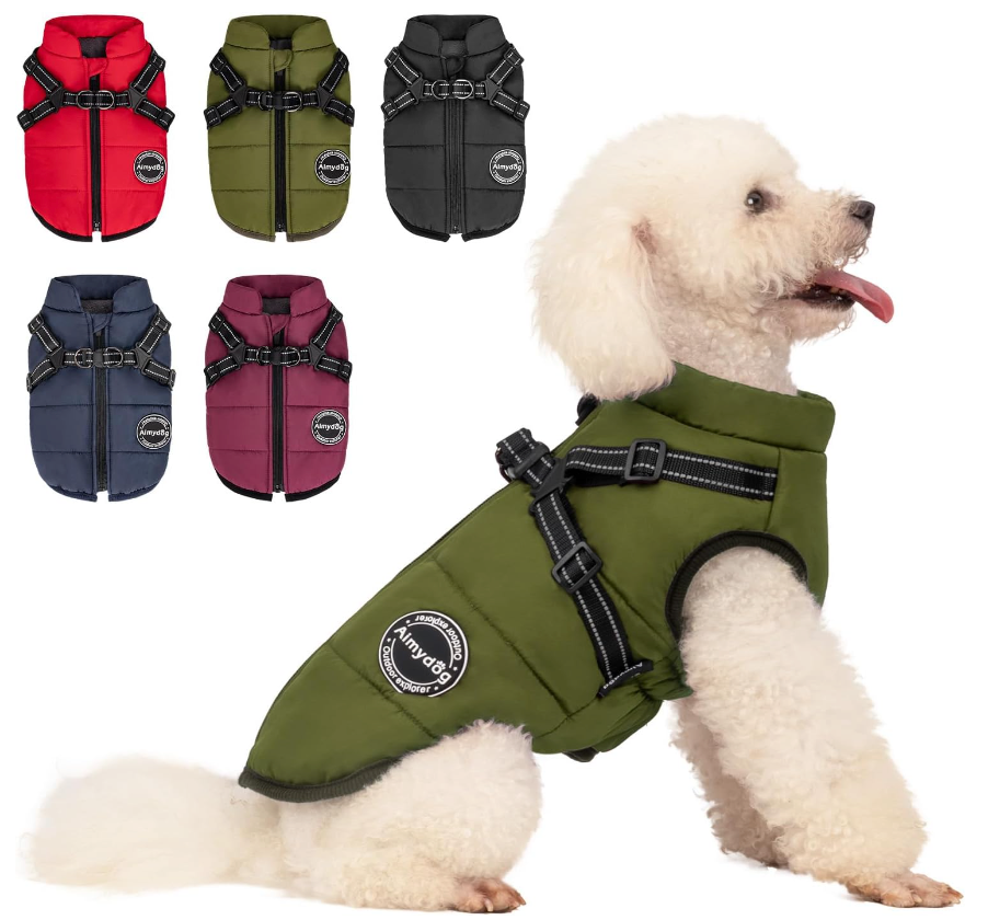 Warm Dog Winter Coat / Jacket with Built-in Harness XL green