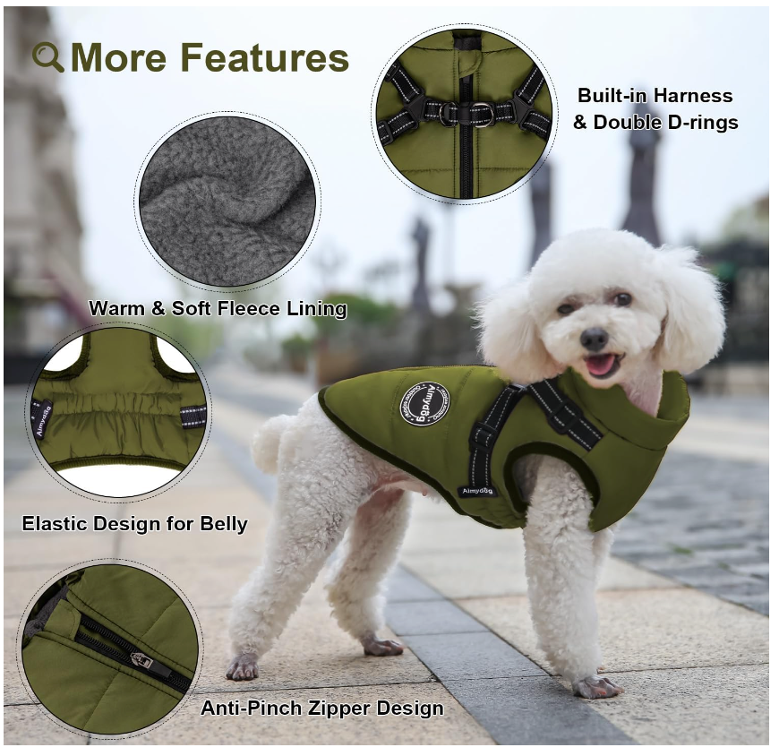 Warm Dog Winter Coat / Jacket with Built-in Harness XL green