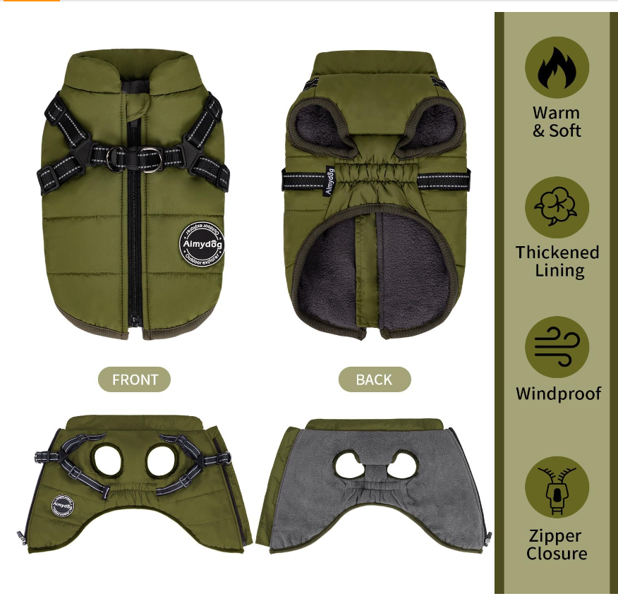 Warm Dog Winter Coat / Jacket with Built-in Harness XL green